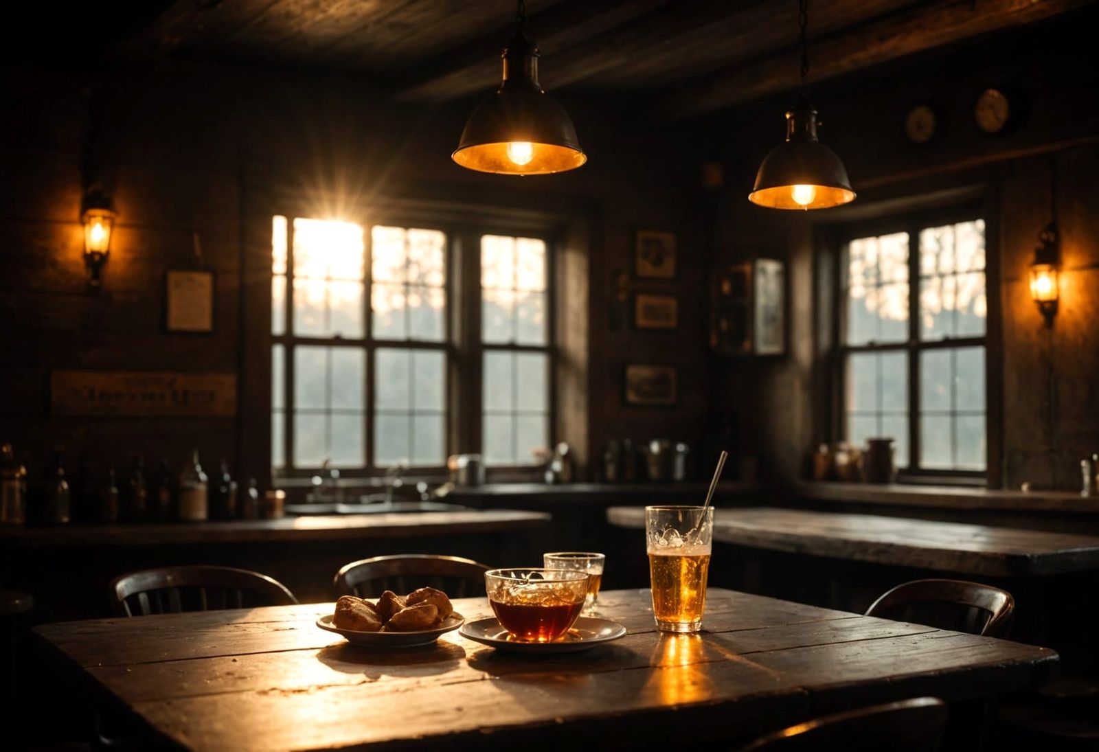 Golden Sunlight Illuminates Smoky Tavern in a Gritty, Atmosp...