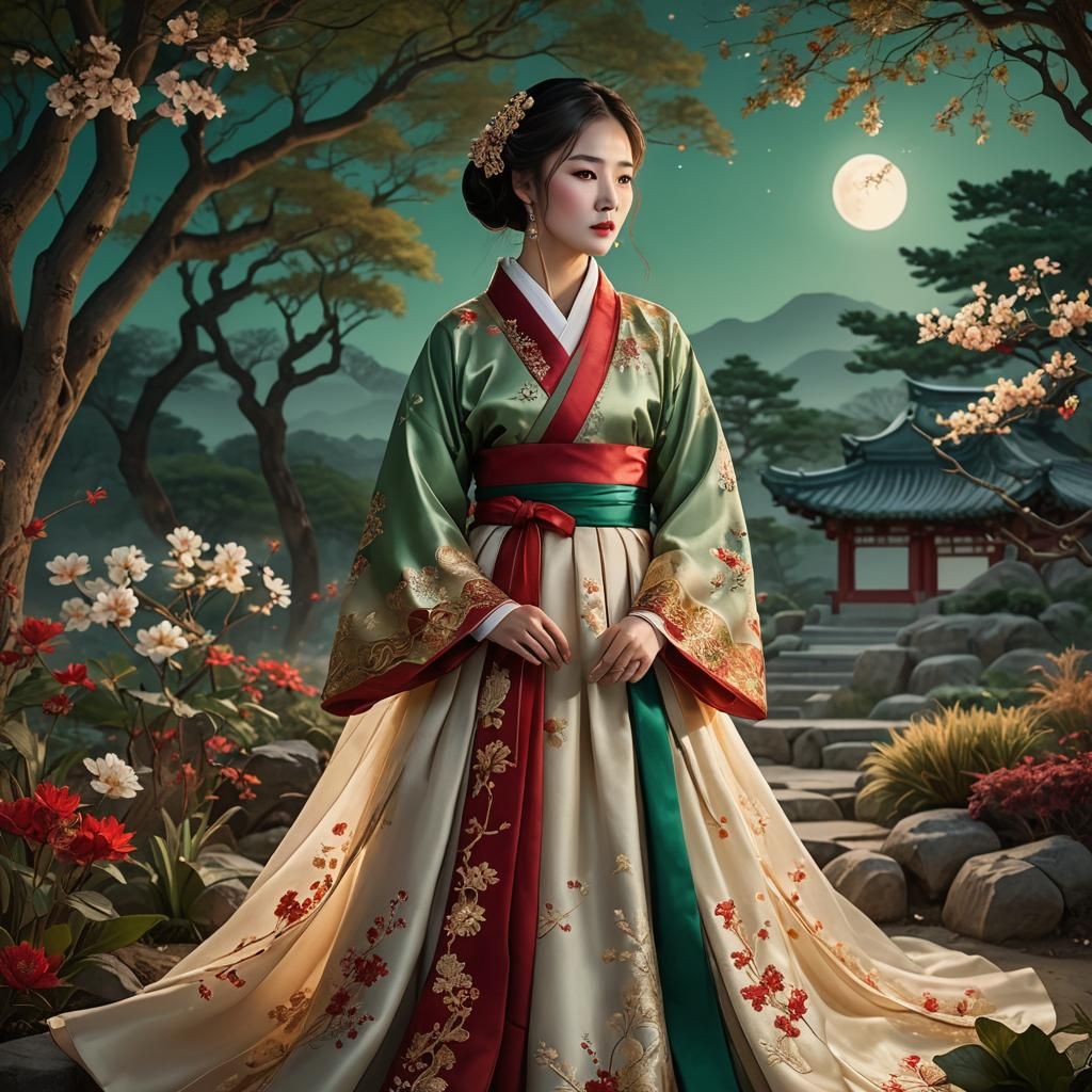 Korean Bride in Moonlit Garden: Fantasy Realism