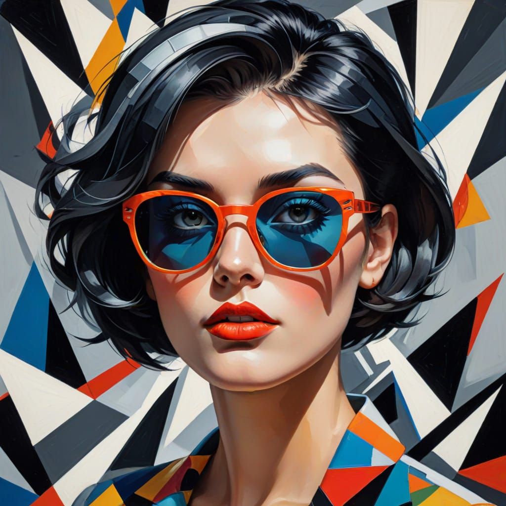 Cubist Woman with Retro Sunglasses in Abstract Portrait