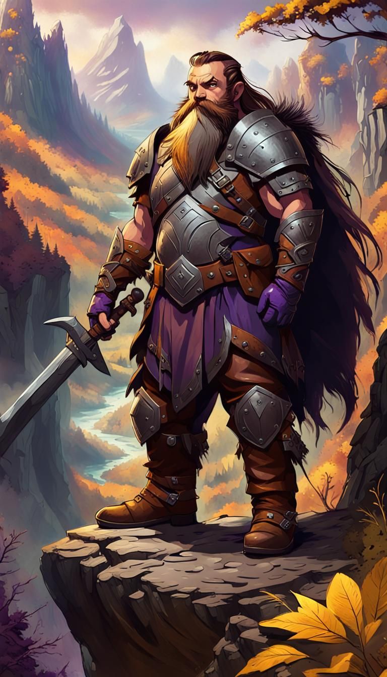 Dwarf Warrior Overlooking Forest Valley in Dark Fantasy Art