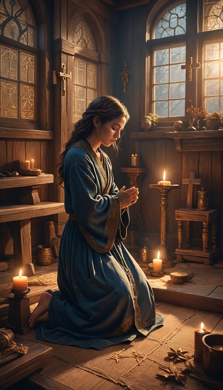 Woman Kneeling in Prayer in Golden Light