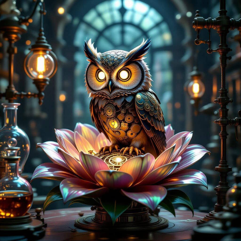 Clockwork Owl on Iridescent Flower in Victorian Lab
