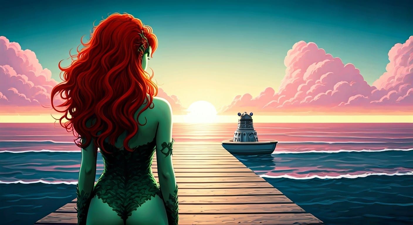 Poison Ivy Watches as a Dalek Sails Away in a Mysterious Sun...