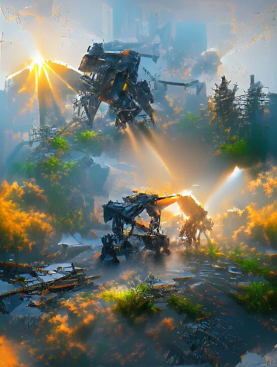 Mechs Clash in Ruined Cityscape