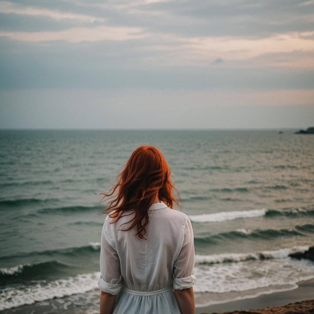 Red-Headed Girl Gazing at Sea: Professional Photography