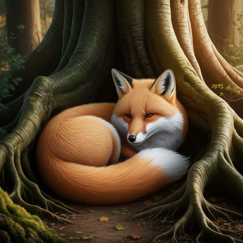 Golden Fox Resting in Forest Sunlight