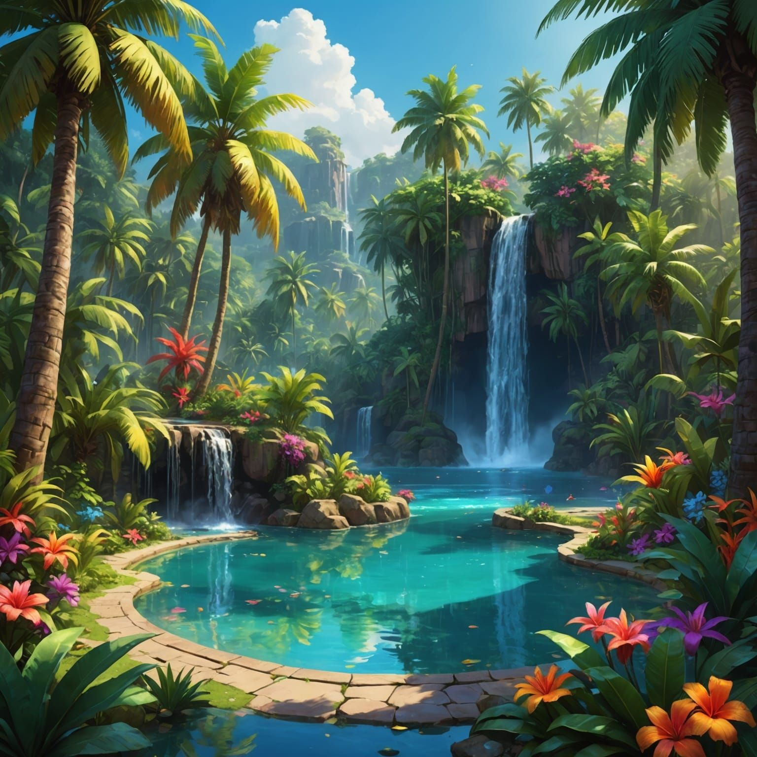 Lush Palm Tree Garden with Rainbow Flora