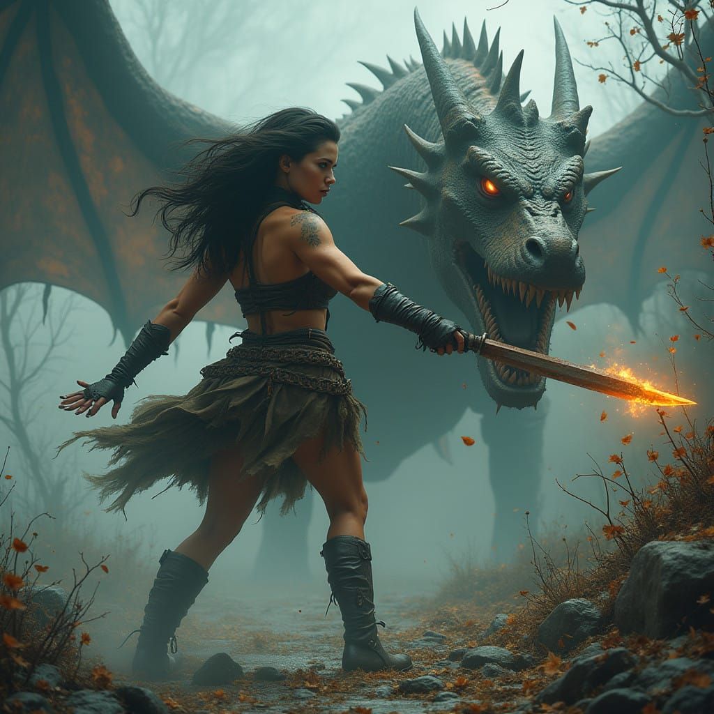 Cyberpunk Warrior Battles Toxic Dragon in Decay