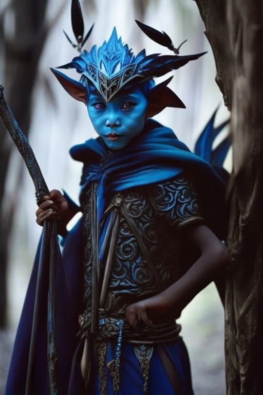 Blue Goblin Boy Portrait with Crow Skull Crown