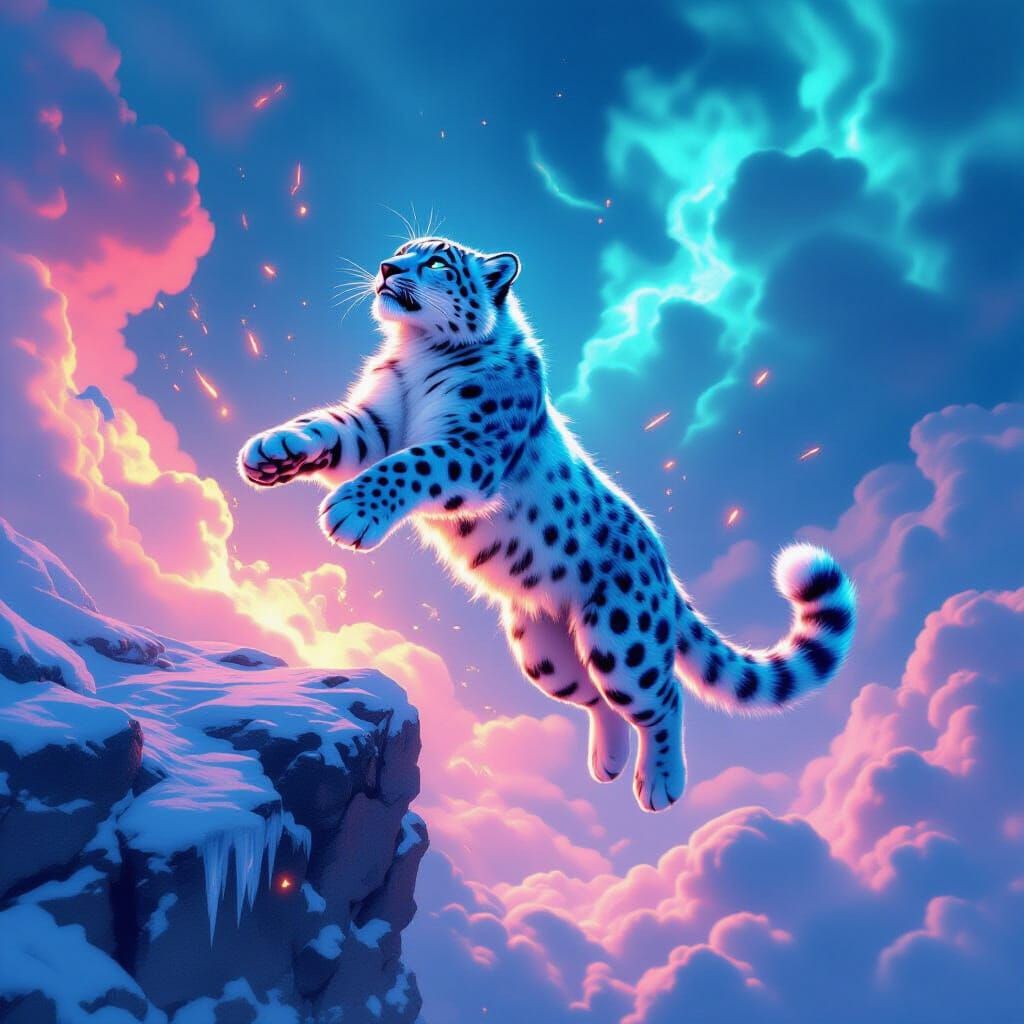 Leaping Snow Leopard in Hyperreal Style