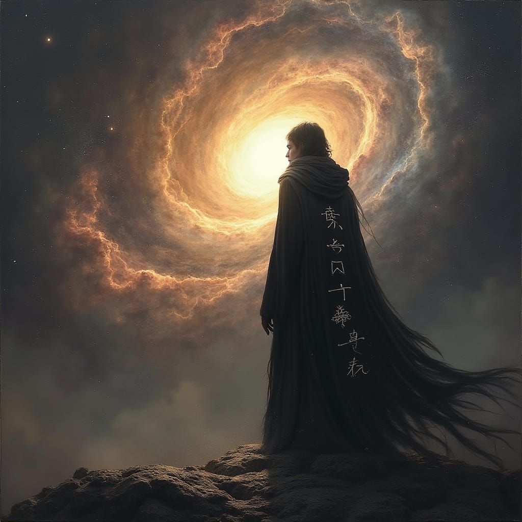 Cloaked Figure Gazing at Colliding Galaxies