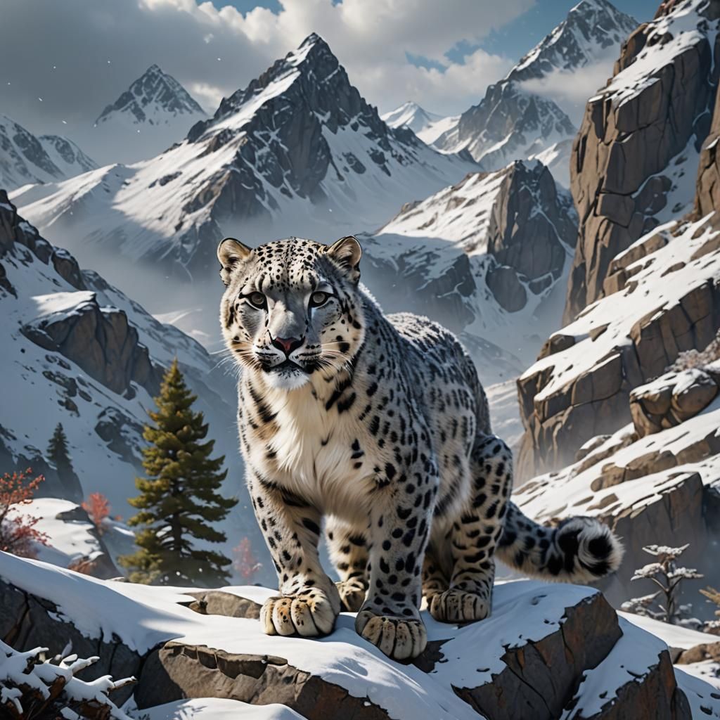 Snow Leopard in Snowy Mountain Landscape