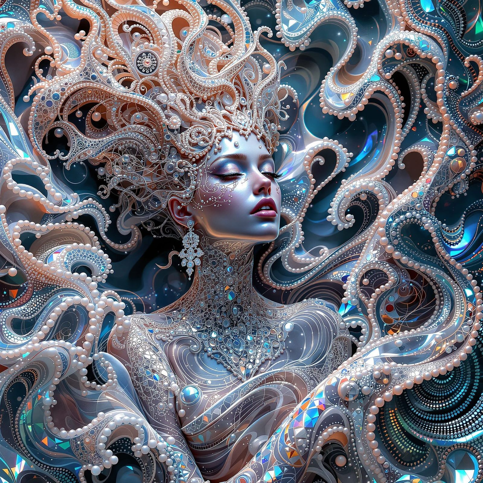 Iridescent Woman in Mother-of-Pearl Attire