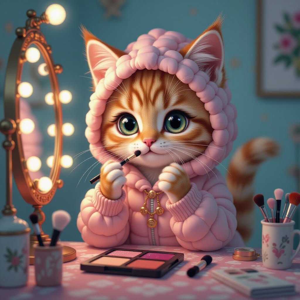 Ginger Kitten Catfluencer Applying Makeup, Digital Art