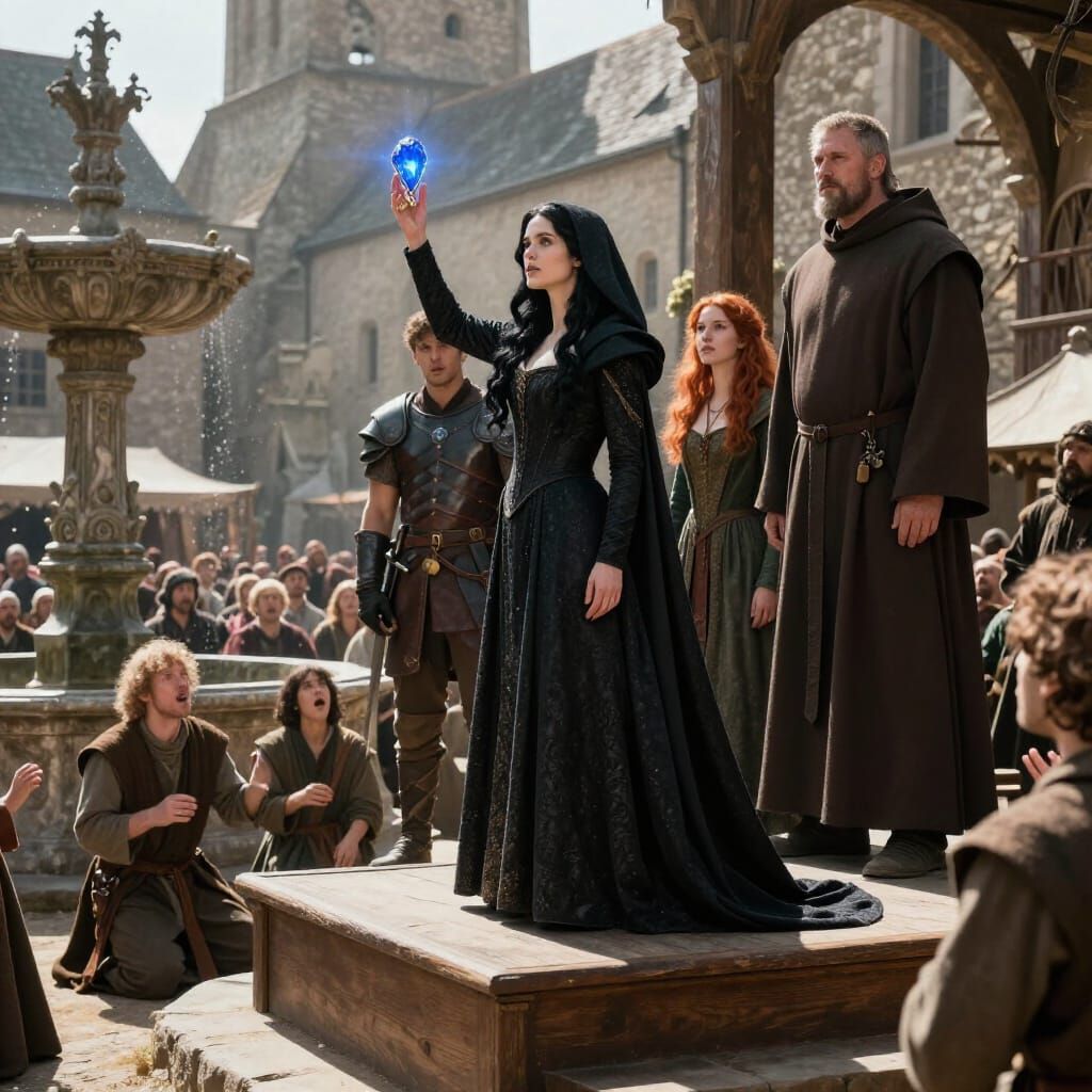 Grimdark Fantasy Market Scene with Majestic Elara