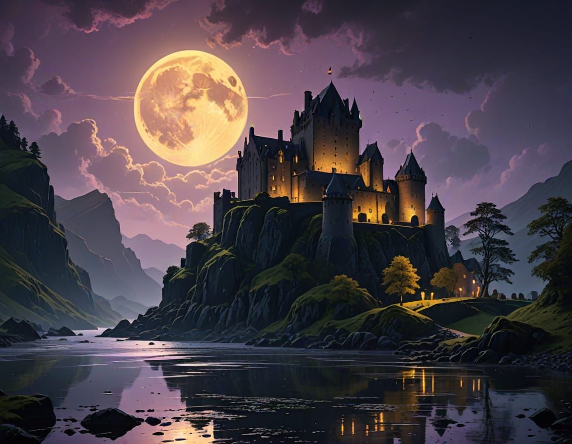 Majestic Dark Fantasy Castle in Scottish Landscape at Dusk