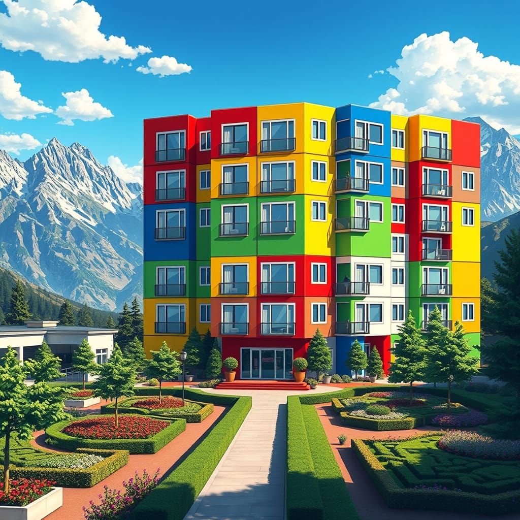 Deconstructed Rubik's Cube Building in Vibrant, Dynamic Arch...