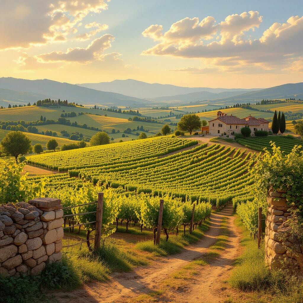 Vineyard Hills in Golden Light: Impressionist Landscape