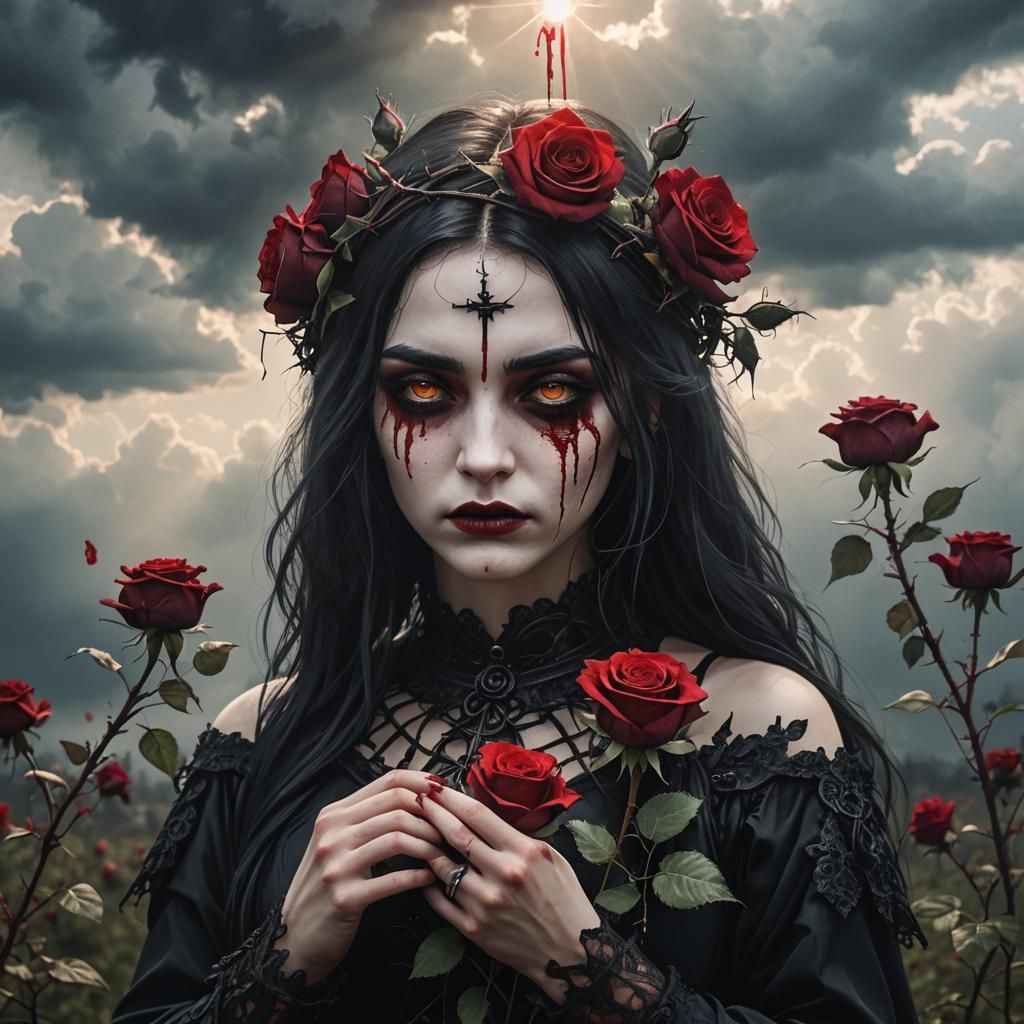 Gothic Girl with Blood Rose in Divine Light