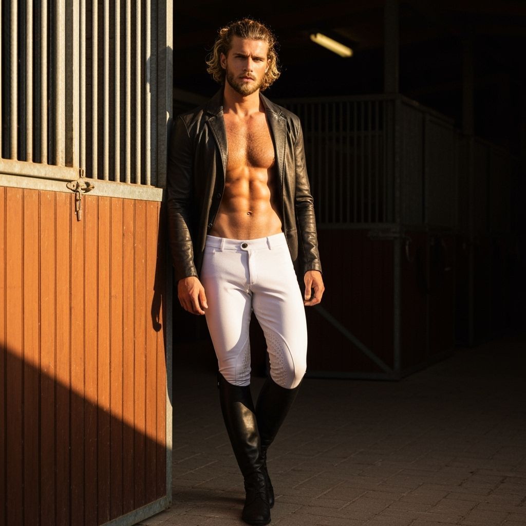 Elegant Athletic Man in Stable Doorway, Golden Light