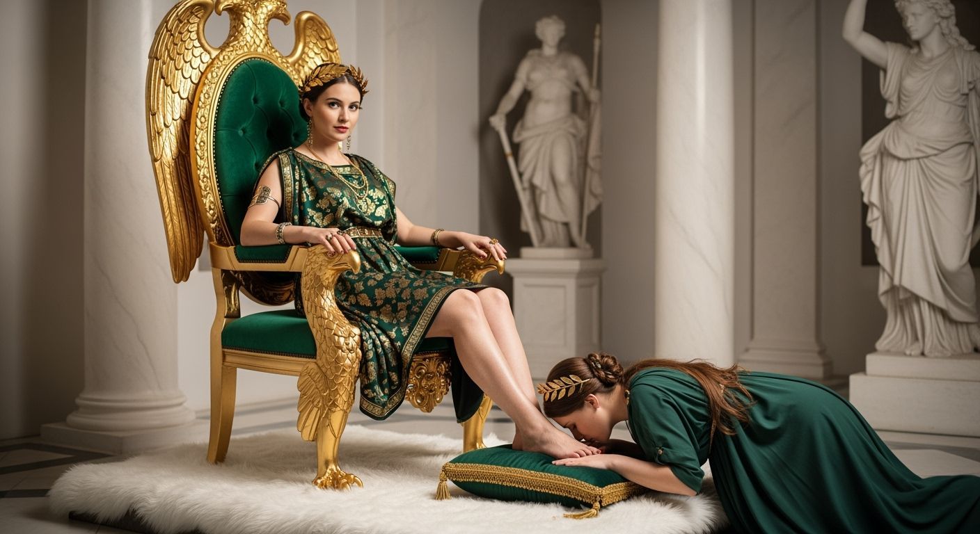 Regal Roman Empress on Emerald Throne, Photorealistic Style