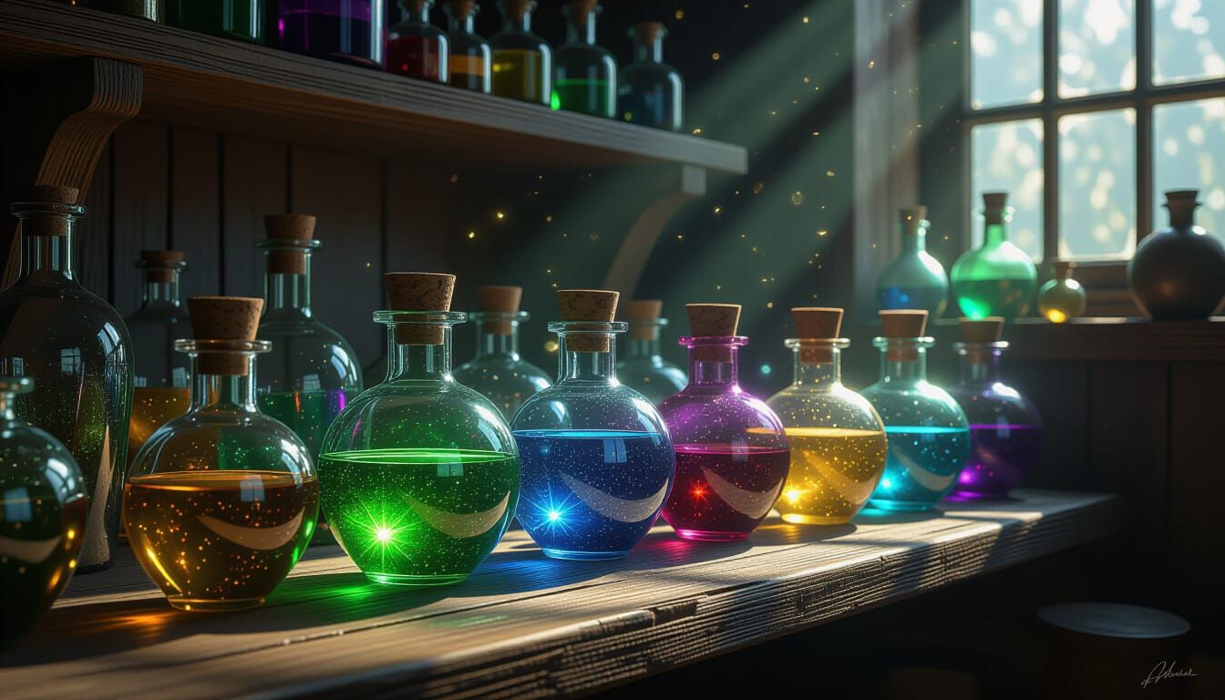 Enchanted Potions on Alchemist Shelf