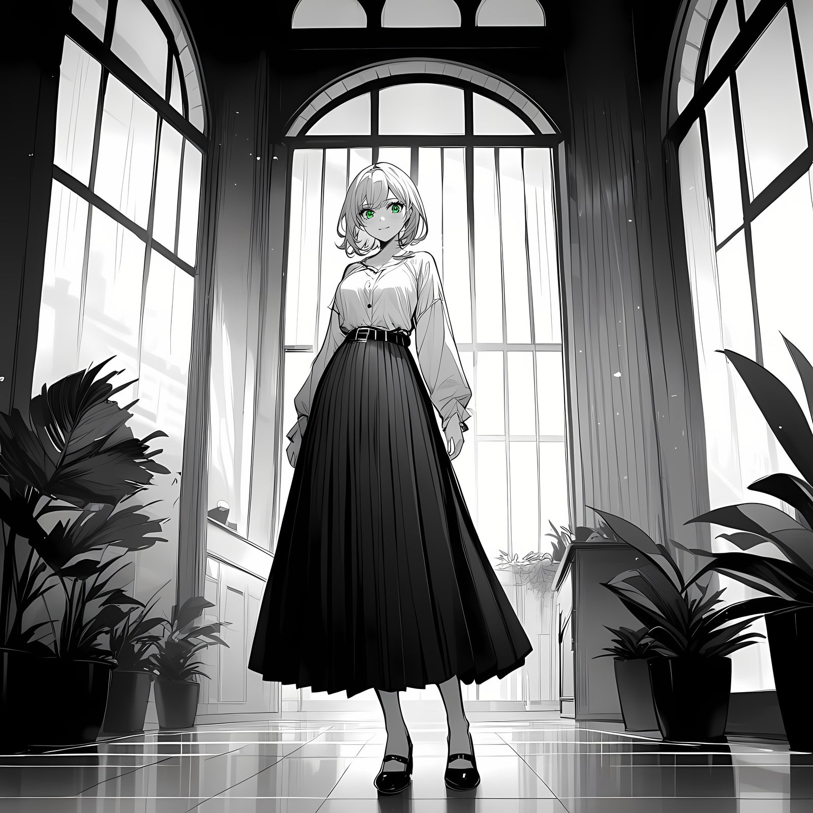 Monochrome Line Art: Girl with Green Accents