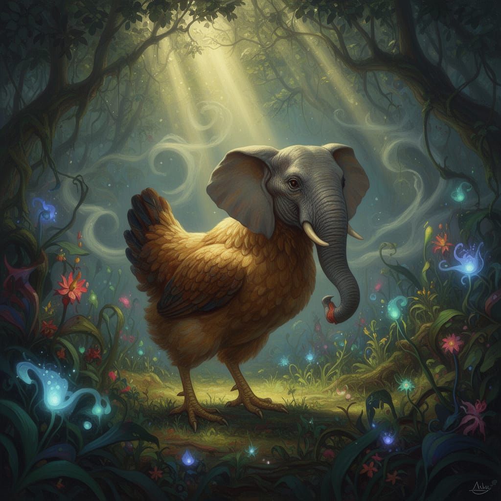 Elephant-Chicken Hybrid in Surreal Jungle