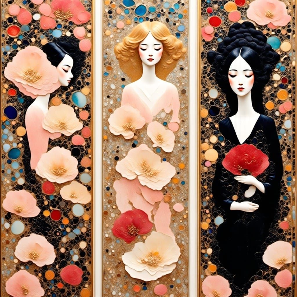 Floral Women Triptych in Art Nouveau Style