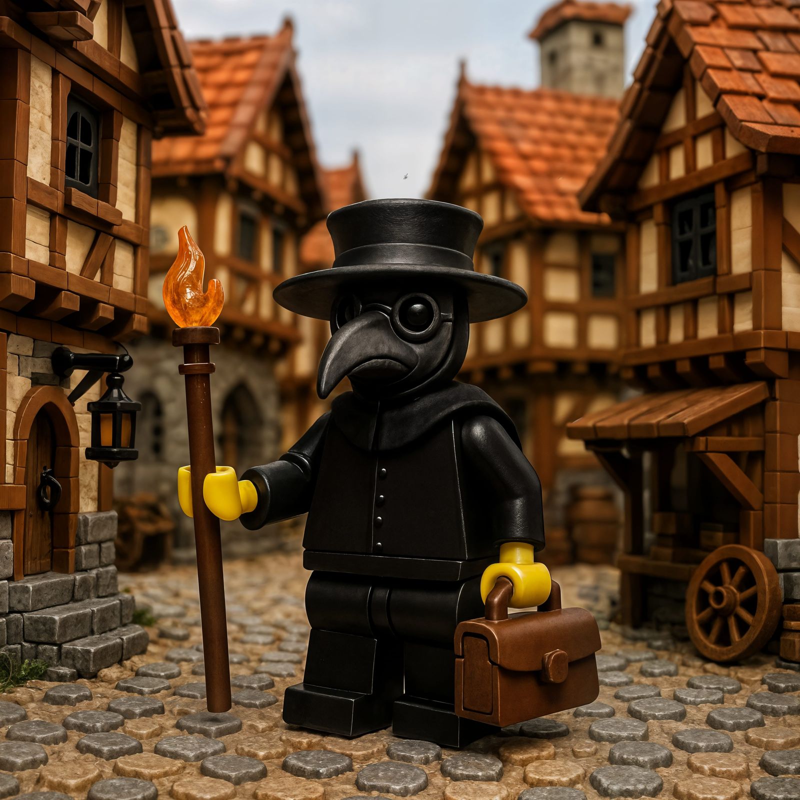Detailed CGI Lego Plague Doctor in Medieval Town