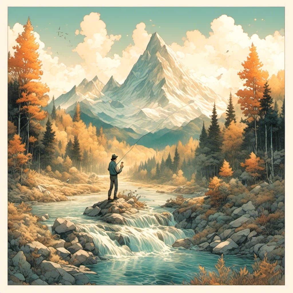 Cartoonish Vintage Mountain Scene with Fly Fishing