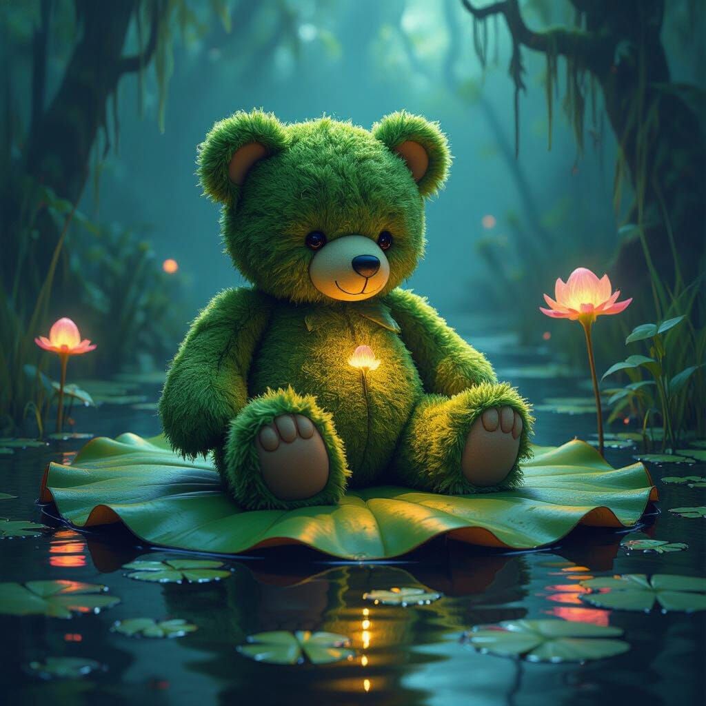 Moss & Fungi Bear on Lily Pad in Mystical Swamp