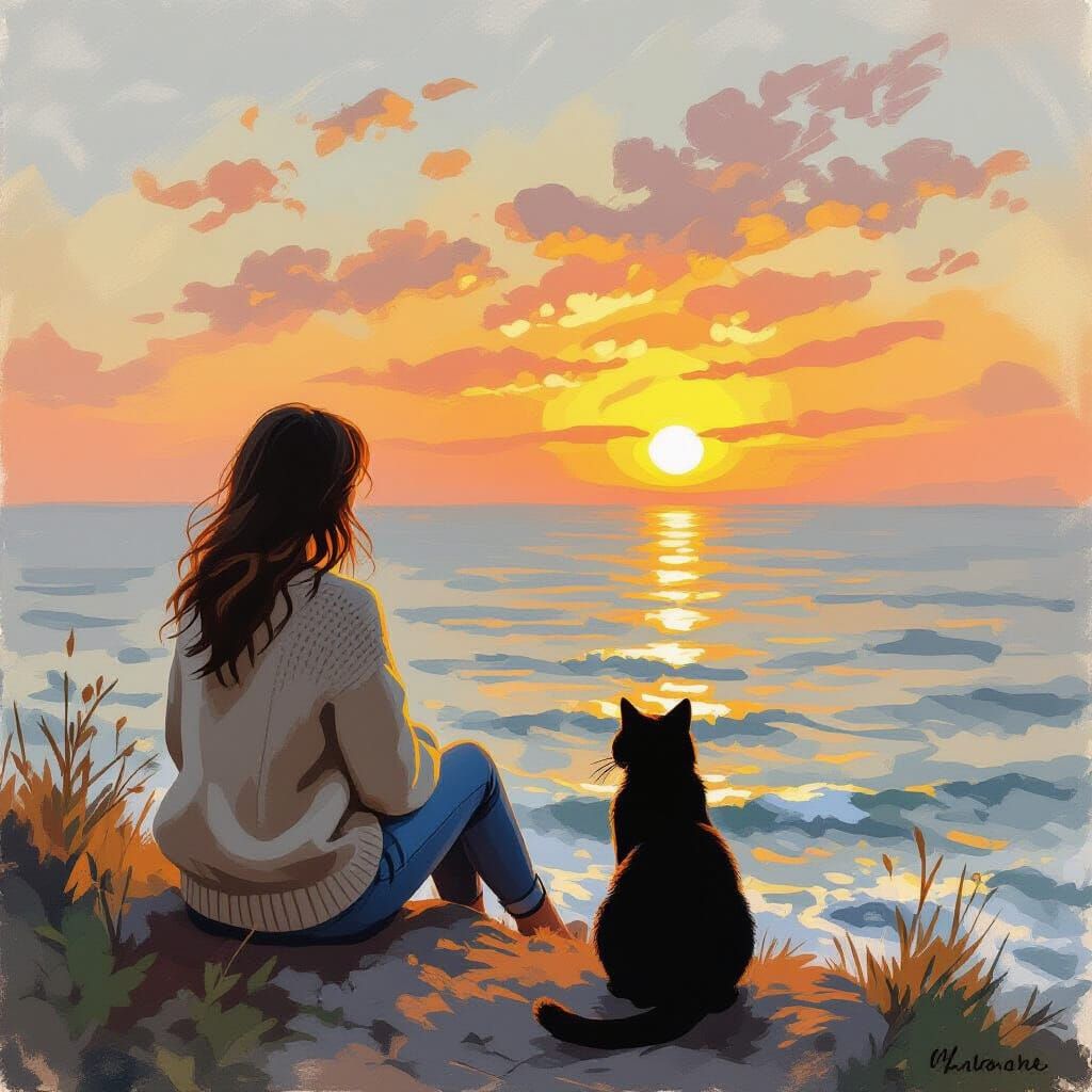 Woman and Cat Watch Sunset in Impressionistic Style