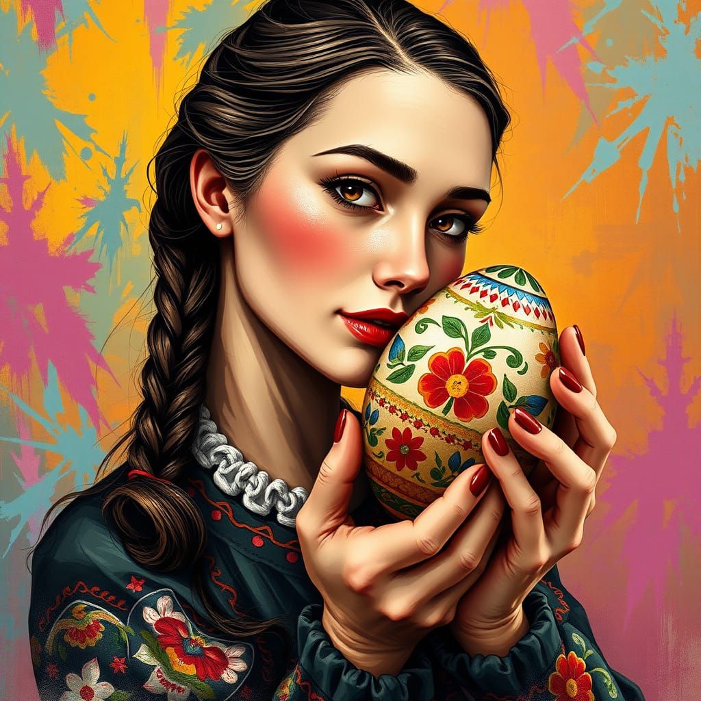 Whimsical Folk Art Woman Holds Pomlázka and Decorated Egg