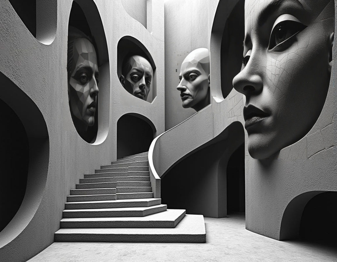 Escher-Inspired Geometric Architecture in Monochromatic Stip...