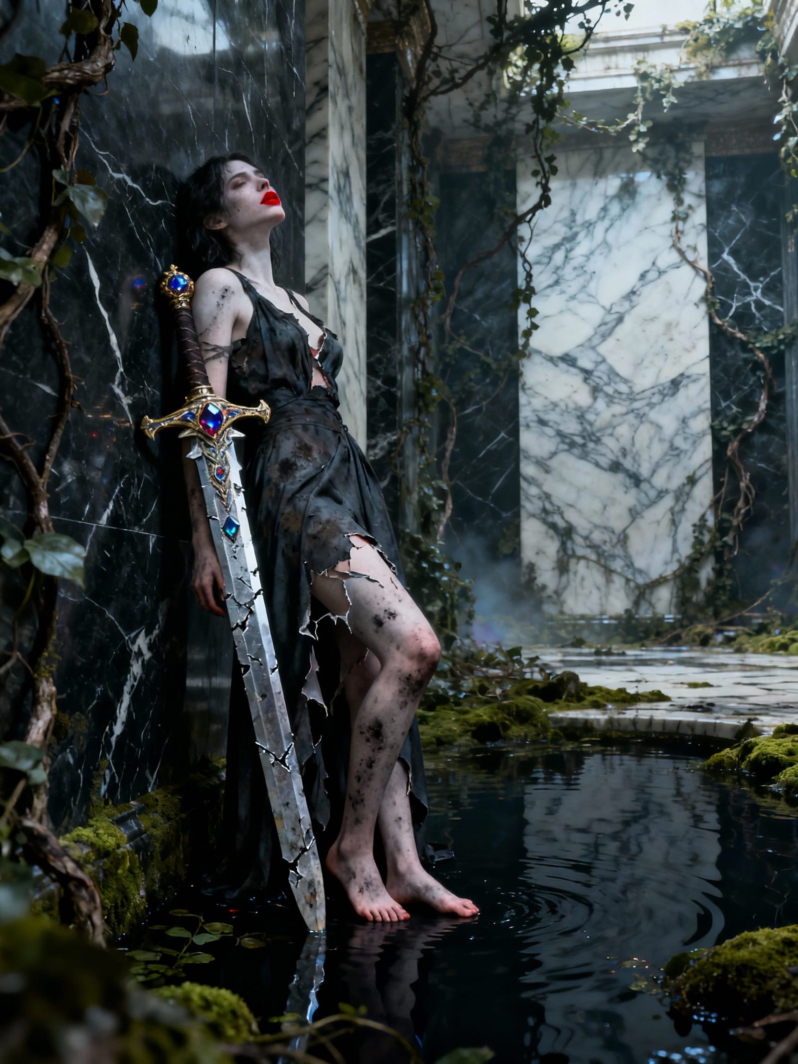 Mysterious Woman Leans on Jeweled Sword in Dark Fantasy Hall