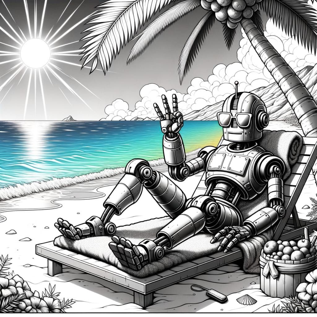 Cartoon Robot Beach Scene in Black and White Line Art