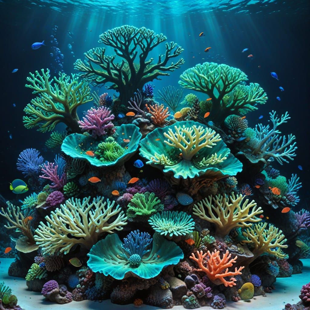 Glowing Coral Reef in Radiant Blues and Greens