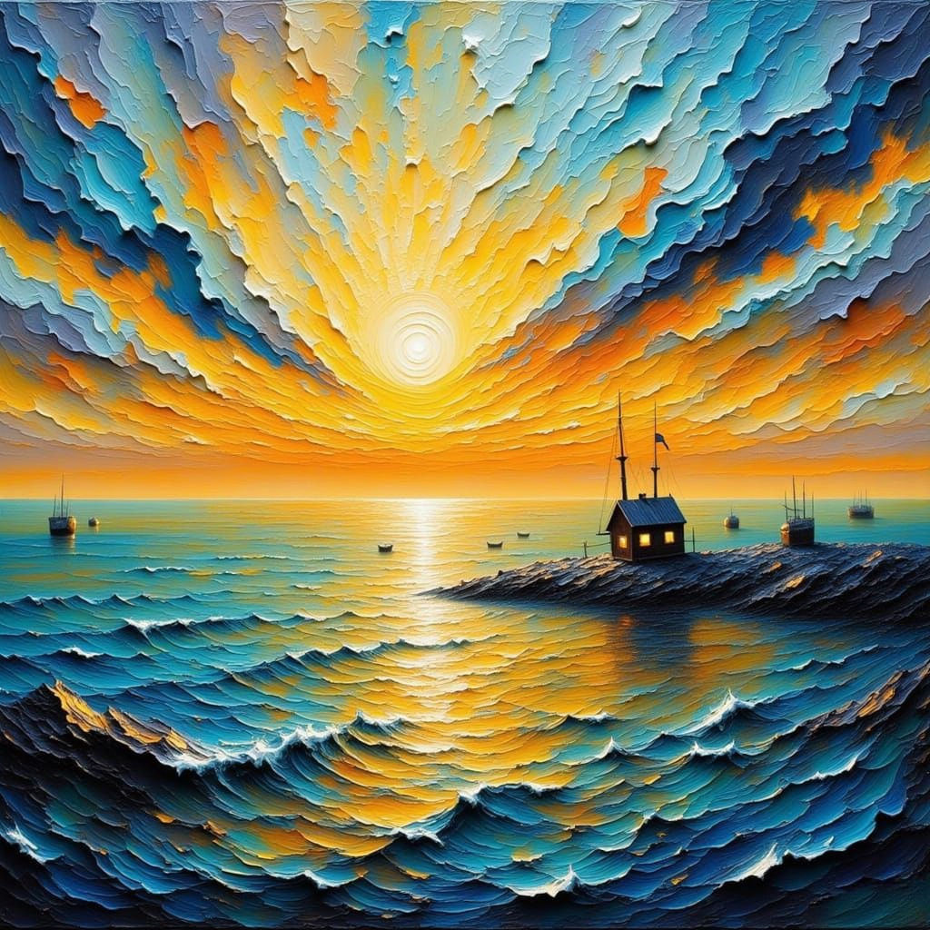 Golden Hour Seascape in Thick Impasto Oil