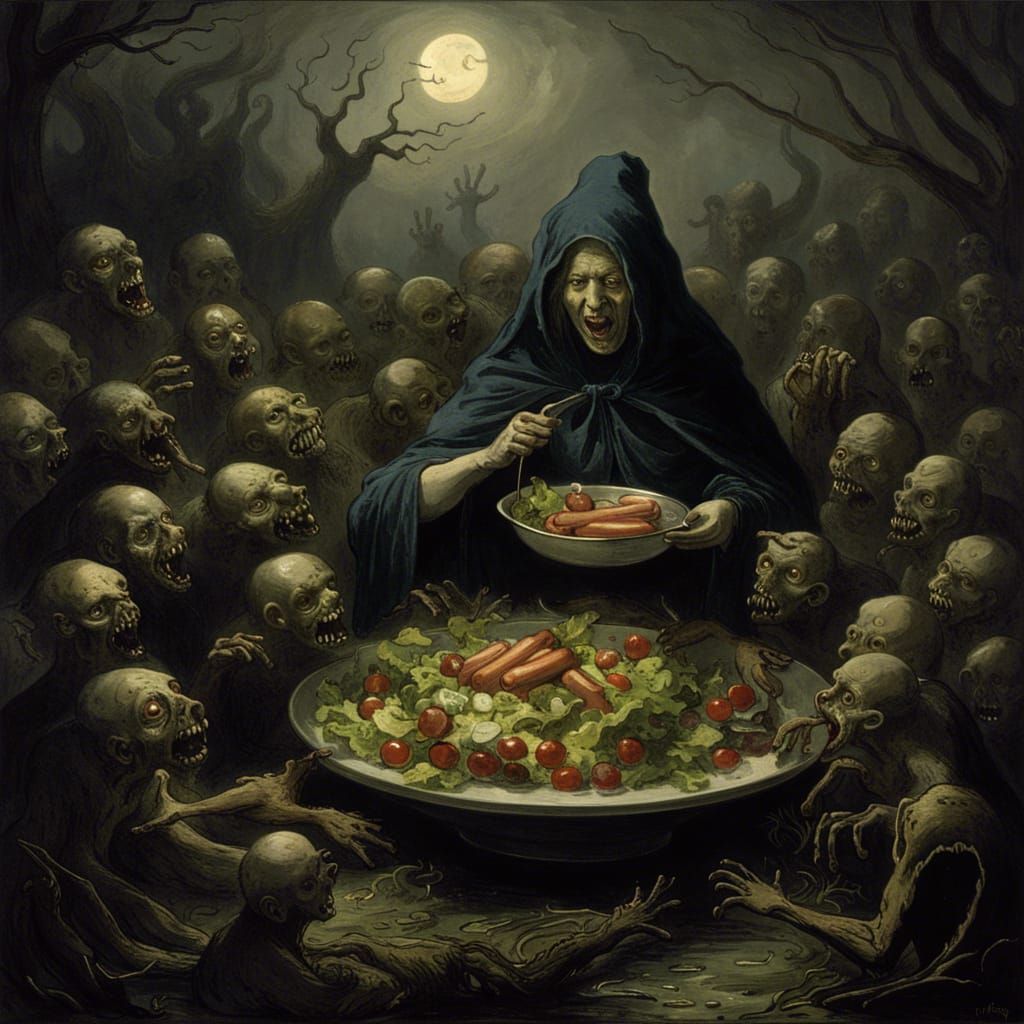 Creepy Witch's Salad with Flying Hotdogs