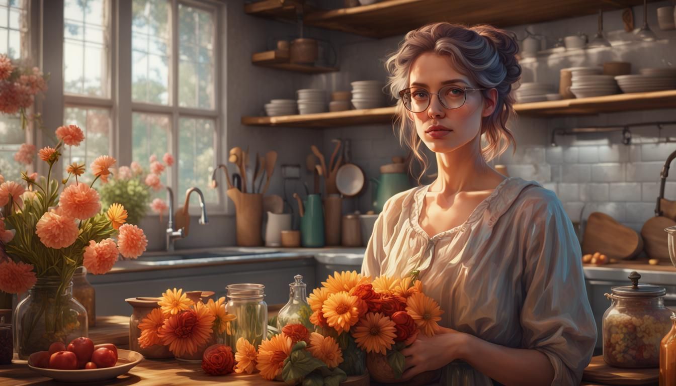 Woman in Cosy Kitchen: Art Nouveau Portrait