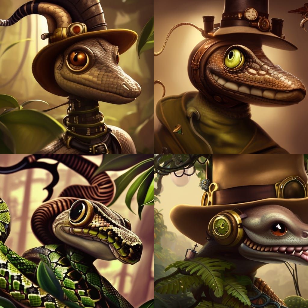 Steampunk Snake Portrait in Detailed Jungle Scene