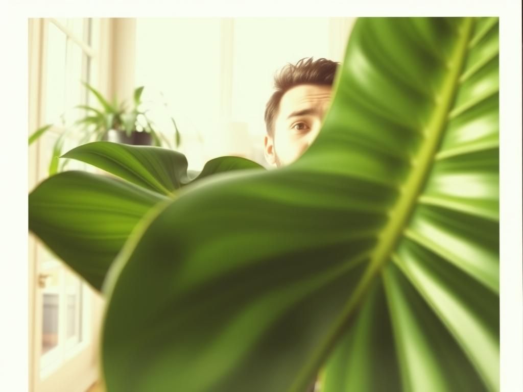 Humorous Monstera Leaf Photobomb in Polaroid Style