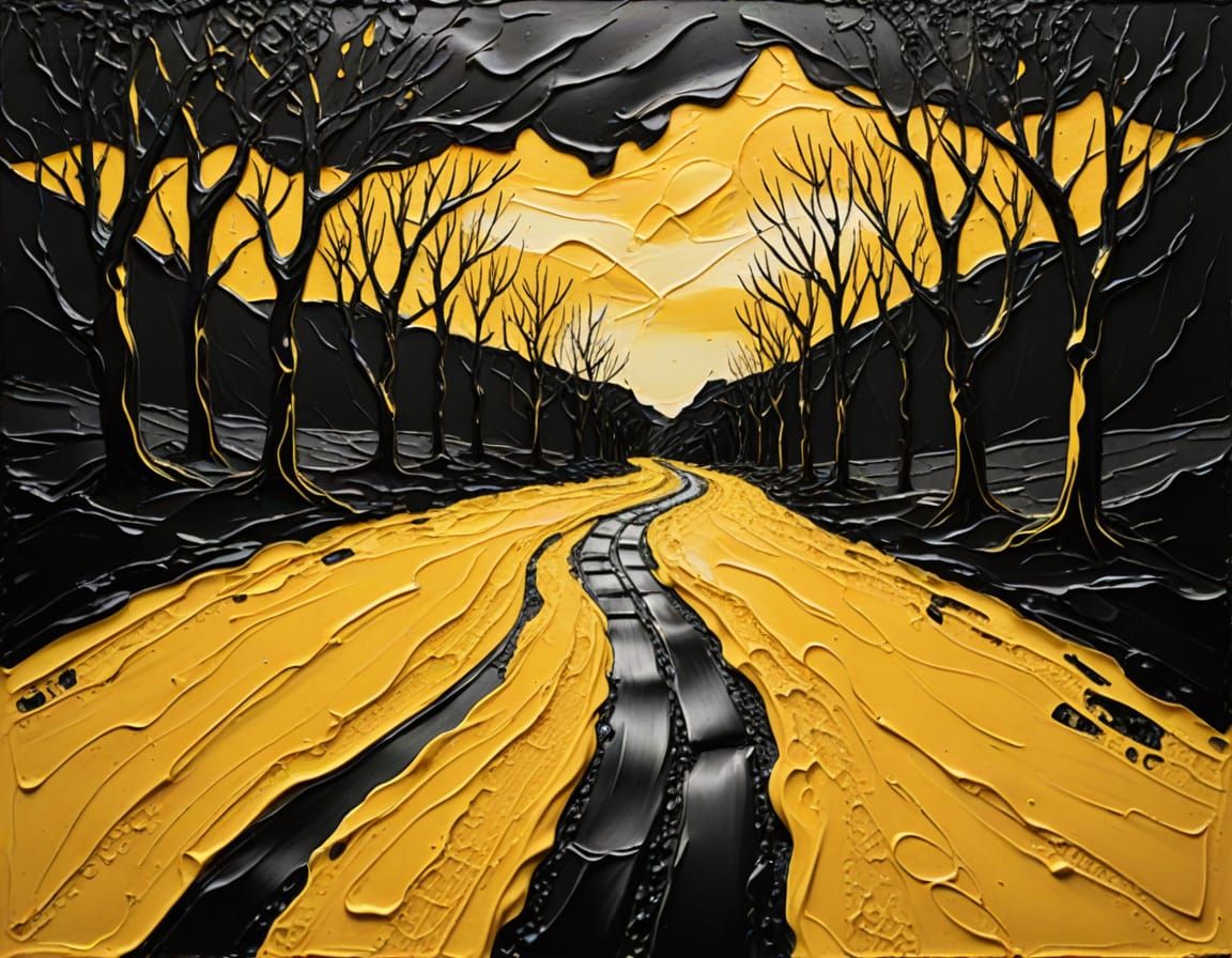 Desolate Landscape in Black and Yellow Impasto
