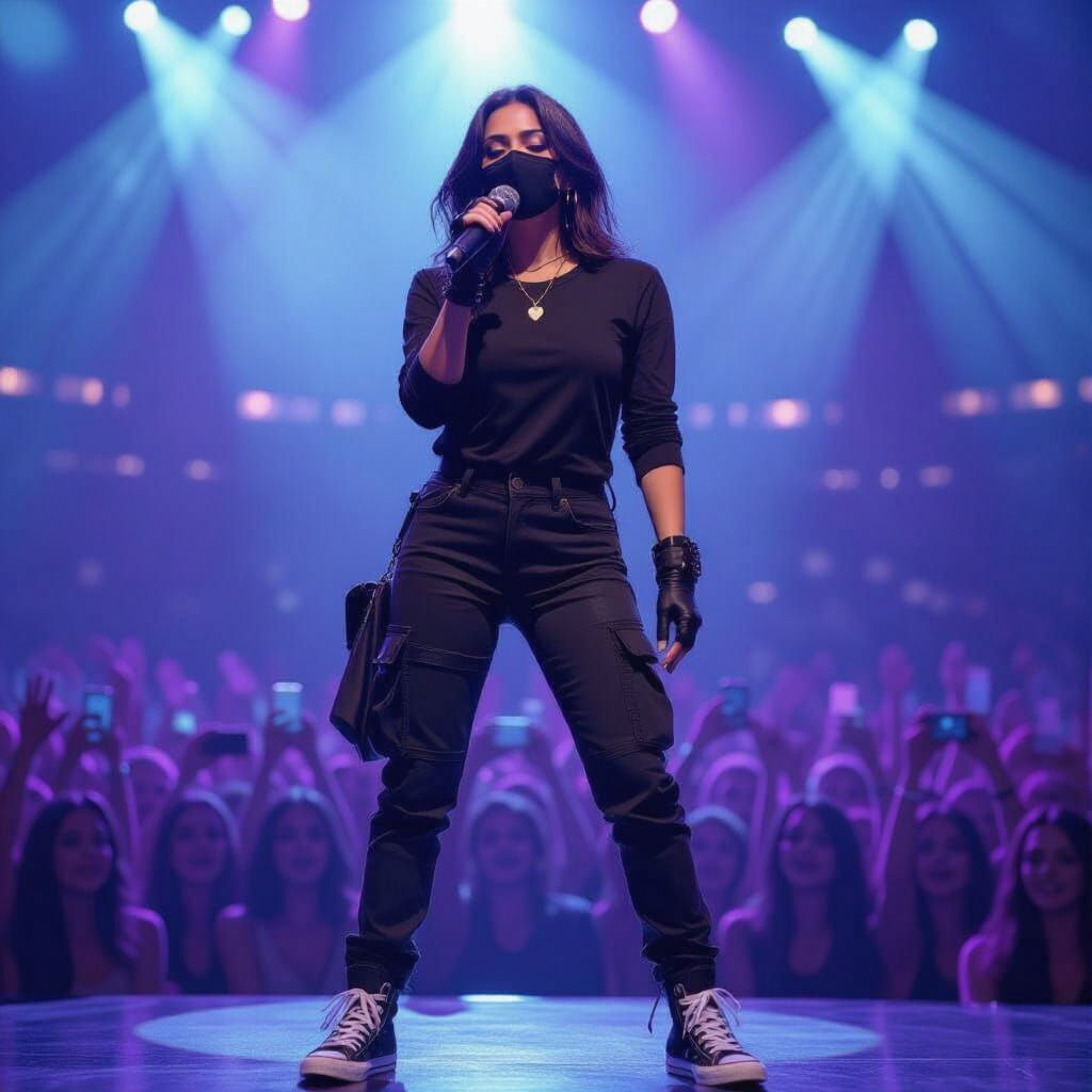 Singer Performing on Stage with Purple and Blue Lights