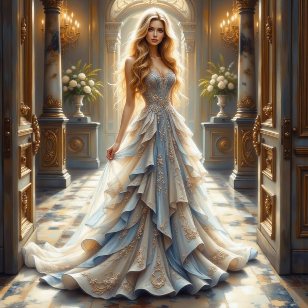 Elegant Blonde in Swirling Gown
