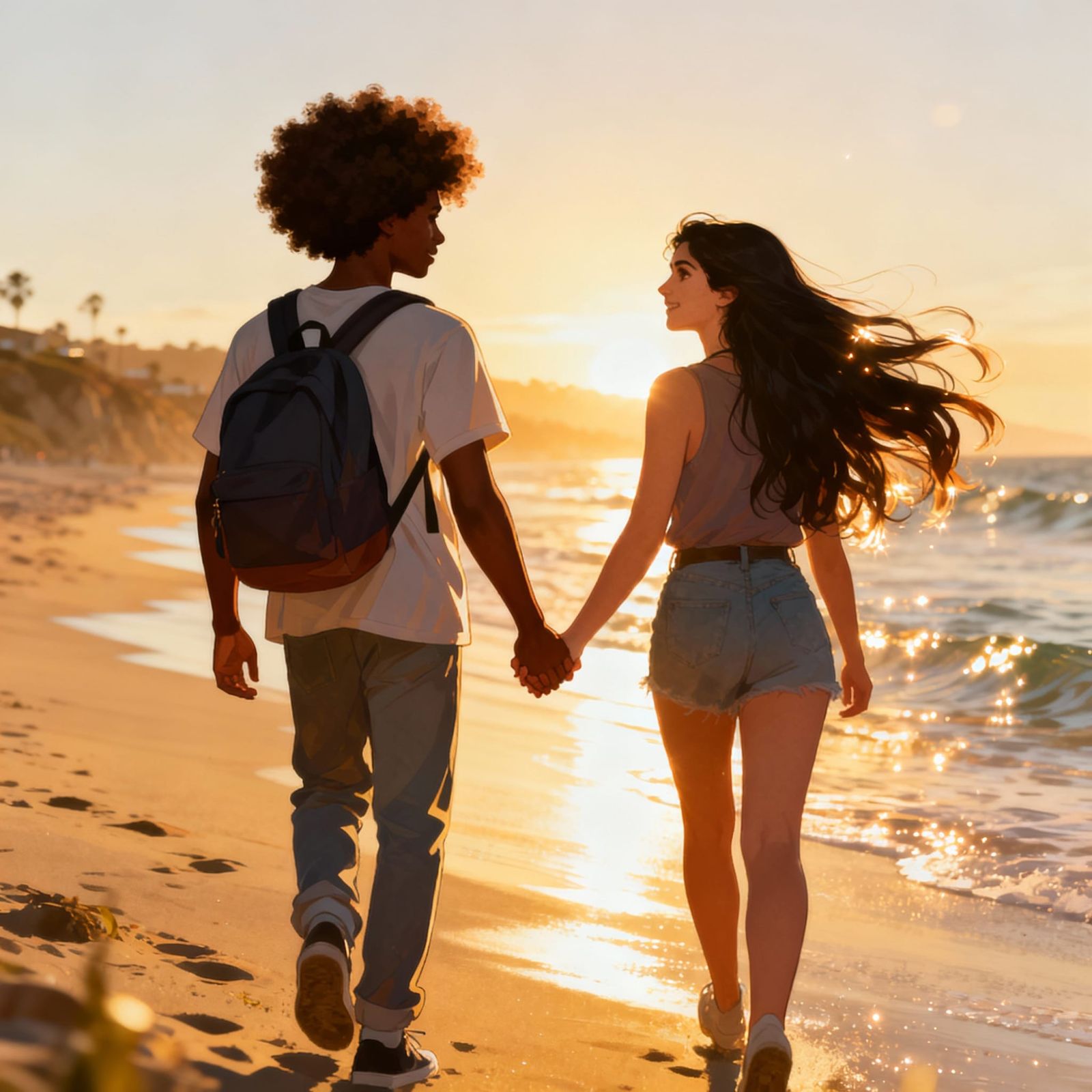 Couple Walks Towards Pismo Beach in Golden Hour Light