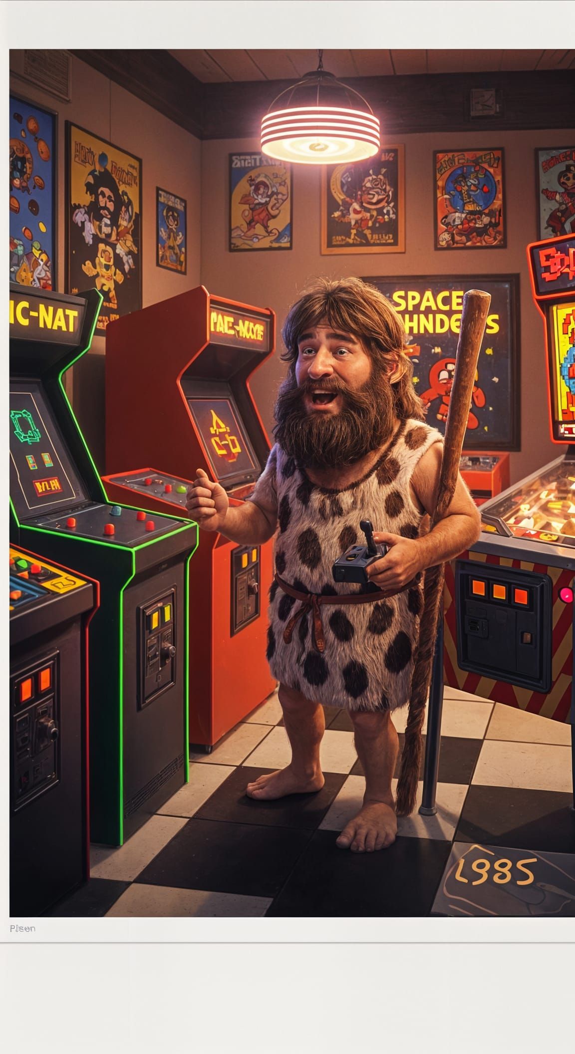 Caveman in 80s Arcade: Vintage Polaroid Photo