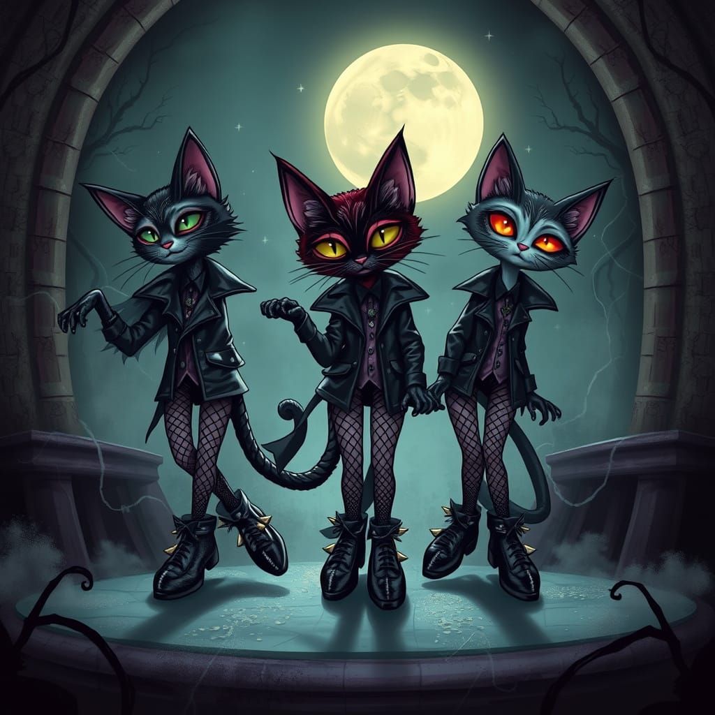 Ethereal Goth Felines Tap Dance in Moonlit Stage