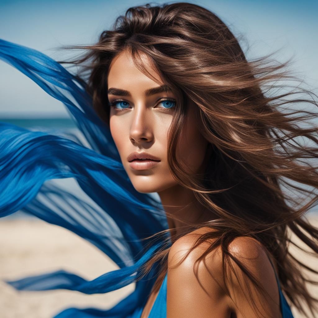 Sensual Brunette on Windy Beach